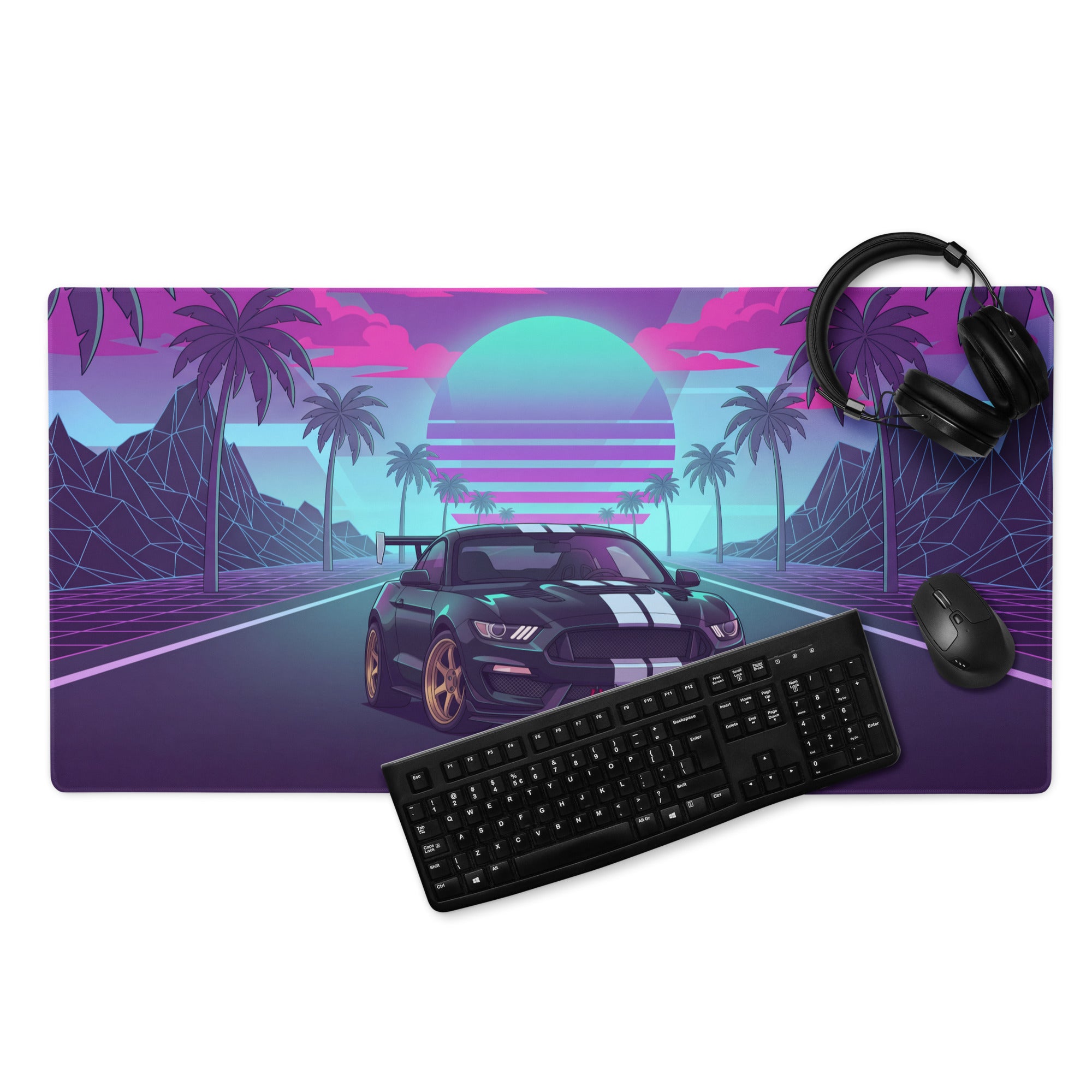 Ford Mustang Shelby GT350R Inspired Black Vaporwave Gaming Mouse Pad – Neon Pink Cyan Palm Highway Desk Mat with Retro Grid Mountains and Synthwave Art