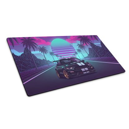 Ford Mustang Shelby GT350R Inspired Black Vaporwave Gaming Mouse Pad – Neon Pink Cyan Palm Highway Desk Mat with Retro Grid Mountains and Synthwave Art