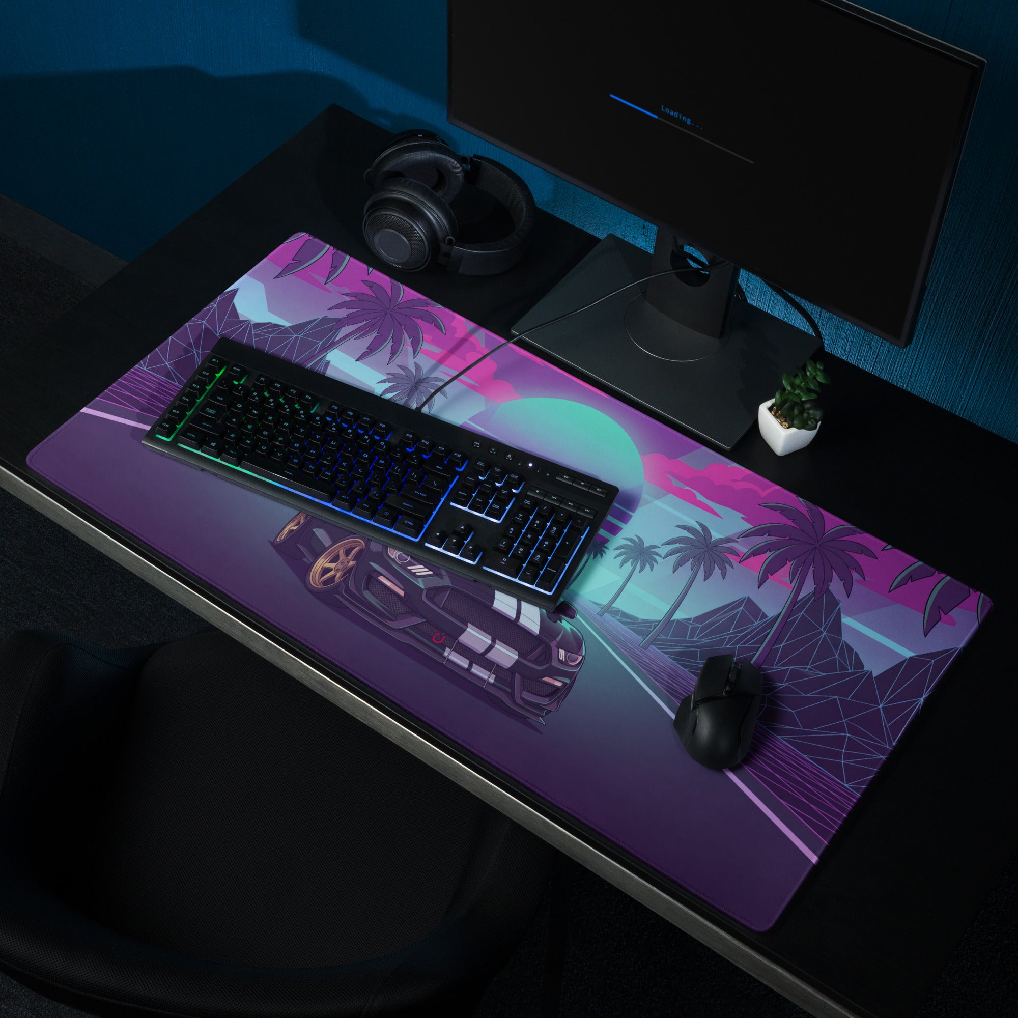 Ford Mustang Shelby GT350R Inspired Black Vaporwave Gaming Mouse Pad – Neon Pink Cyan Palm Highway Desk Mat with Retro Grid Mountains and Synthwave Art