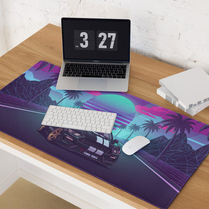 Ford Mustang Shelby GT350R Inspired Black Vaporwave Gaming Mouse Pad – Neon Pink Cyan Palm Highway Desk Mat with Retro Grid Mountains and Synthwave Art