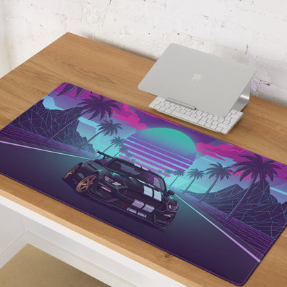Ford Mustang Shelby GT350R Inspired Black Vaporwave Gaming Mouse Pad – Neon Pink Cyan Palm Highway Desk Mat with Retro Grid Mountains and Synthwave Art