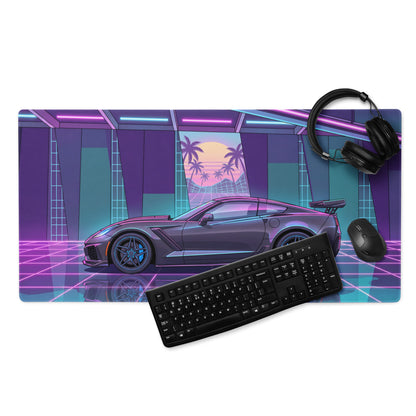 Chevrolet Corvette C7 ZR1 Inspired Gray Vaporwave Gaming Mouse Pad – Neon Pink Blue Retro Garage Desk Mat with Palm Sunset and Futuristic Grid Art
