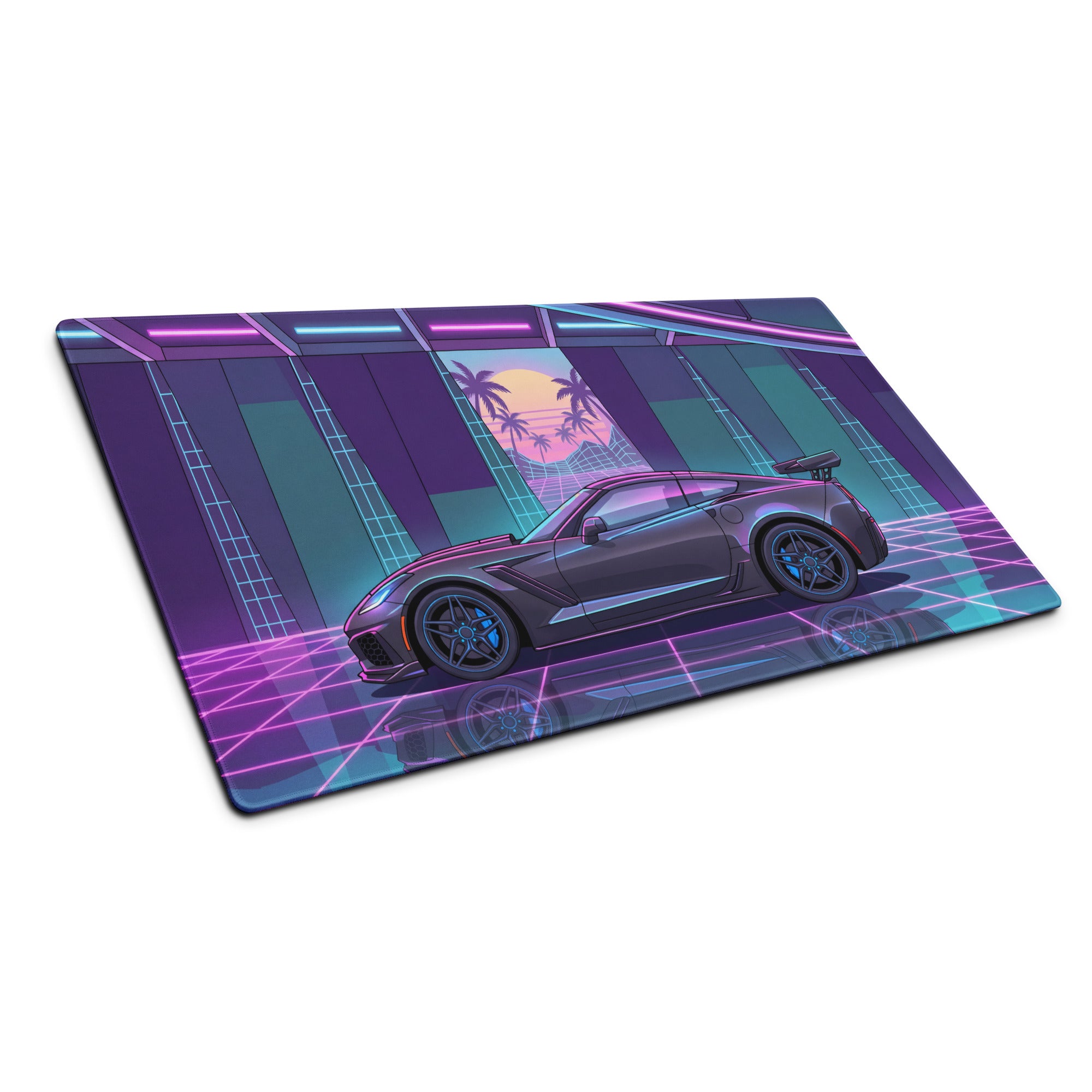 Chevrolet Corvette C7 ZR1 Inspired Gray Vaporwave Gaming Mouse Pad – Neon Pink Blue Retro Garage Desk Mat with Palm Sunset and Futuristic Grid Art