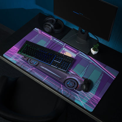 Chevrolet Corvette C7 ZR1 Inspired Gray Vaporwave Gaming Mouse Pad – Neon Pink Blue Retro Garage Desk Mat with Palm Sunset and Futuristic Grid Art