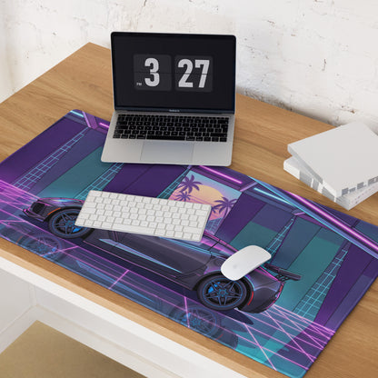 Chevrolet Corvette C7 ZR1 Inspired Gray Vaporwave Gaming Mouse Pad – Neon Pink Blue Retro Garage Desk Mat with Palm Sunset and Futuristic Grid Art