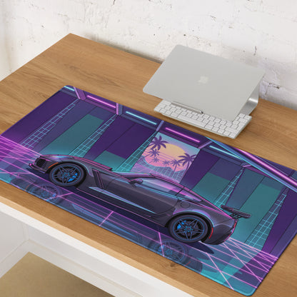 Chevrolet Corvette C7 ZR1 Inspired Gray Vaporwave Gaming Mouse Pad – Neon Pink Blue Retro Garage Desk Mat with Palm Sunset and Futuristic Grid Art