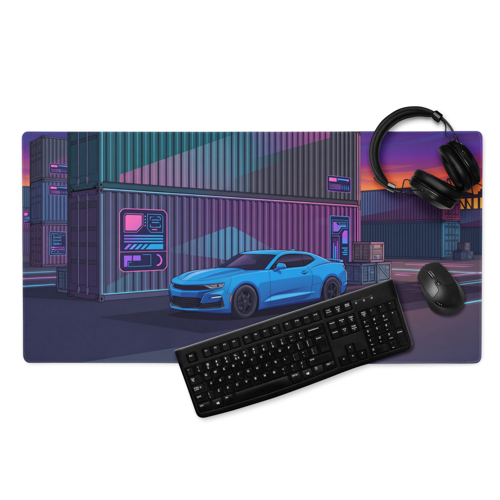Chevrolet Camaro SS Inspired Blue Vaporwave Gaming Mouse Pad – Neon Pink Shipping Yard Desk Mat with Retro Futuristic Containers and Sunset Art