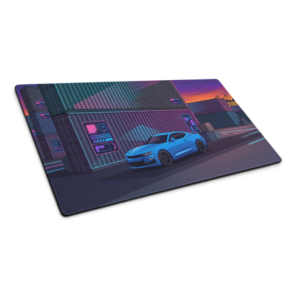Chevrolet Camaro SS Inspired Blue Vaporwave Gaming Mouse Pad – Neon Pink Shipping Yard Desk Mat with Retro Futuristic Containers and Sunset Art