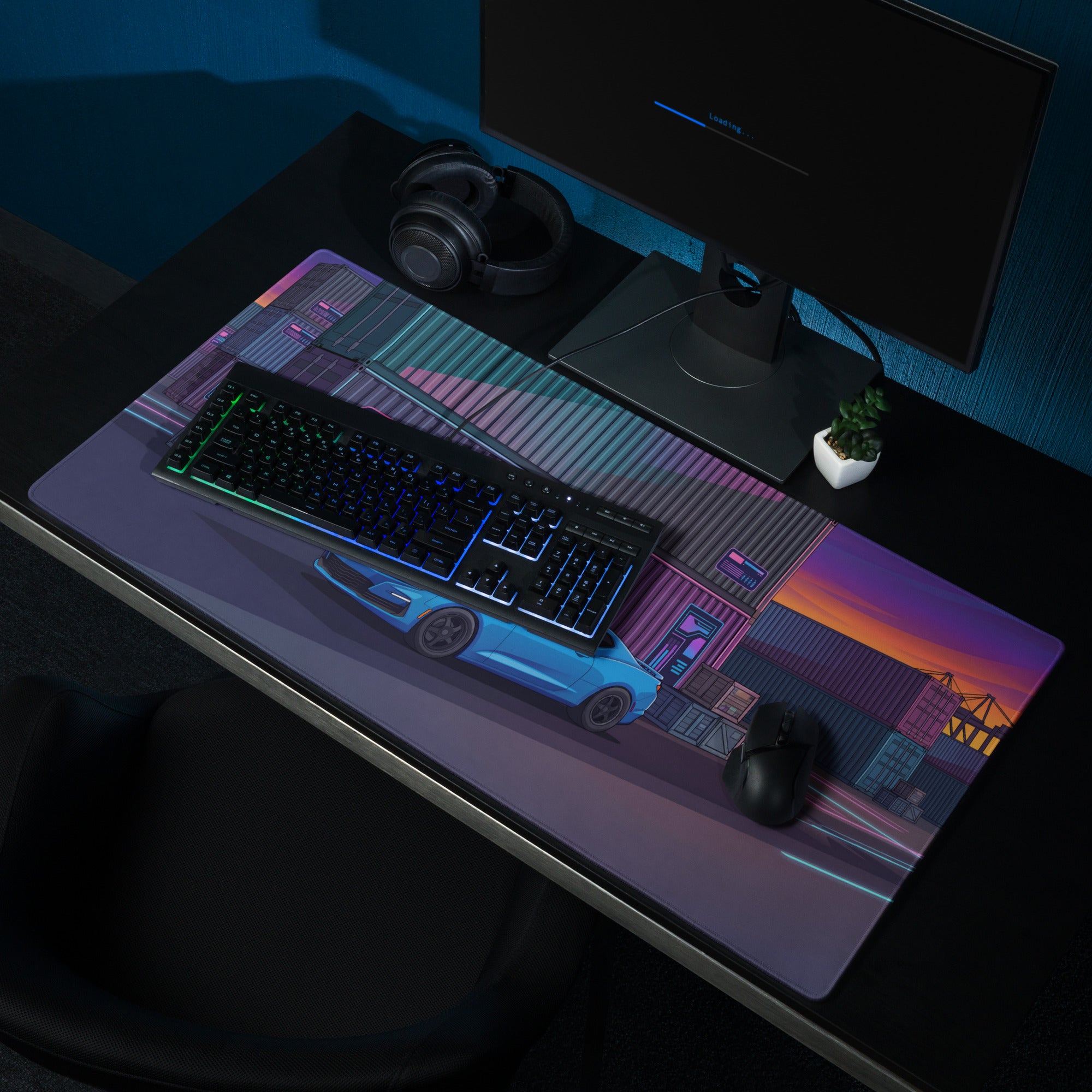Chevrolet Camaro SS Inspired Blue Vaporwave Gaming Mouse Pad – Neon Pink Shipping Yard Desk Mat with Retro Futuristic Containers and Sunset Art