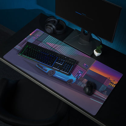 Chevrolet Camaro SS Inspired Blue Vaporwave Gaming Mouse Pad – Neon Pink Shipping Yard Desk Mat with Retro Futuristic Containers and Sunset Art