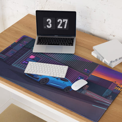 Chevrolet Camaro SS Inspired Blue Vaporwave Gaming Mouse Pad – Neon Pink Shipping Yard Desk Mat with Retro Futuristic Containers and Sunset Art