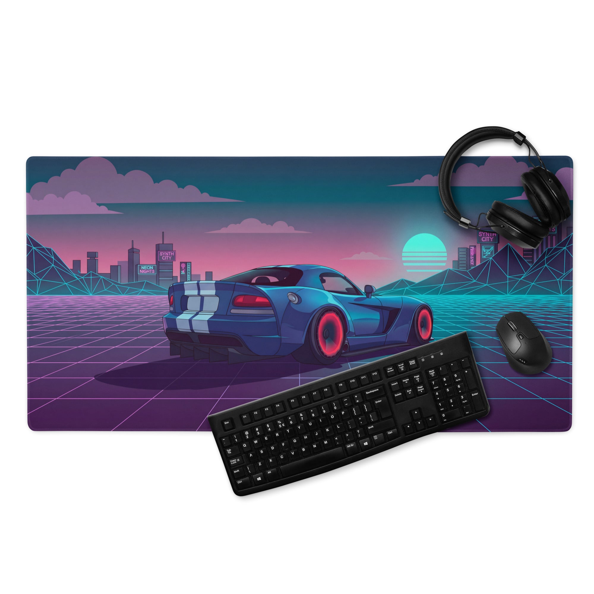 Dodge Viper SRT-10 Inspired Blue Vaporwave Gaming Mouse Pad – Neon Pink Cyber Grid Desk Mat with Retro Futuristic City and Synthwave Sunset Art
