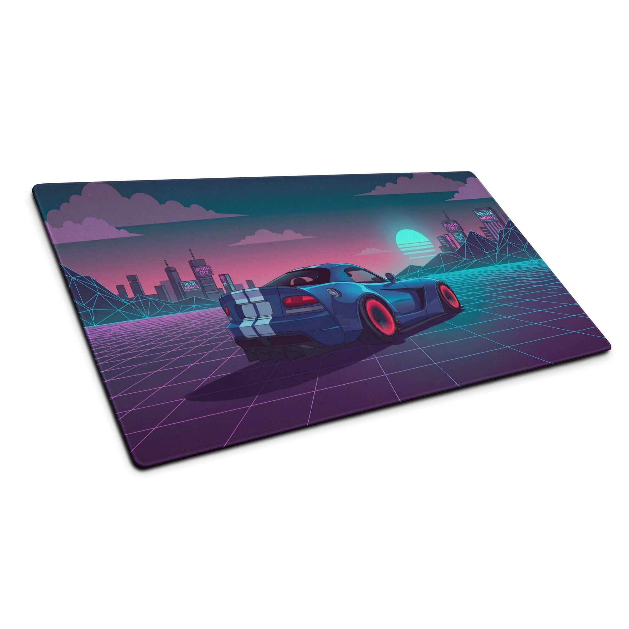 Dodge Viper SRT-10 Inspired Blue Vaporwave Gaming Mouse Pad – Neon Pink Cyber Grid Desk Mat with Retro Futuristic City and Synthwave Sunset Art