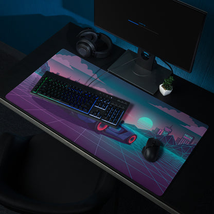 Dodge Viper SRT-10 Inspired Blue Vaporwave Gaming Mouse Pad – Neon Pink Cyber Grid Desk Mat with Retro Futuristic City and Synthwave Sunset Art