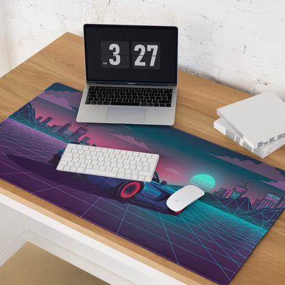 Dodge Viper SRT-10 Inspired Blue Vaporwave Gaming Mouse Pad – Neon Pink Cyber Grid Desk Mat with Retro Futuristic City and Synthwave Sunset Art