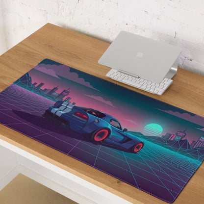 Dodge Viper SRT-10 Inspired Blue Vaporwave Gaming Mouse Pad – Neon Pink Cyber Grid Desk Mat with Retro Futuristic City and Synthwave Sunset Art