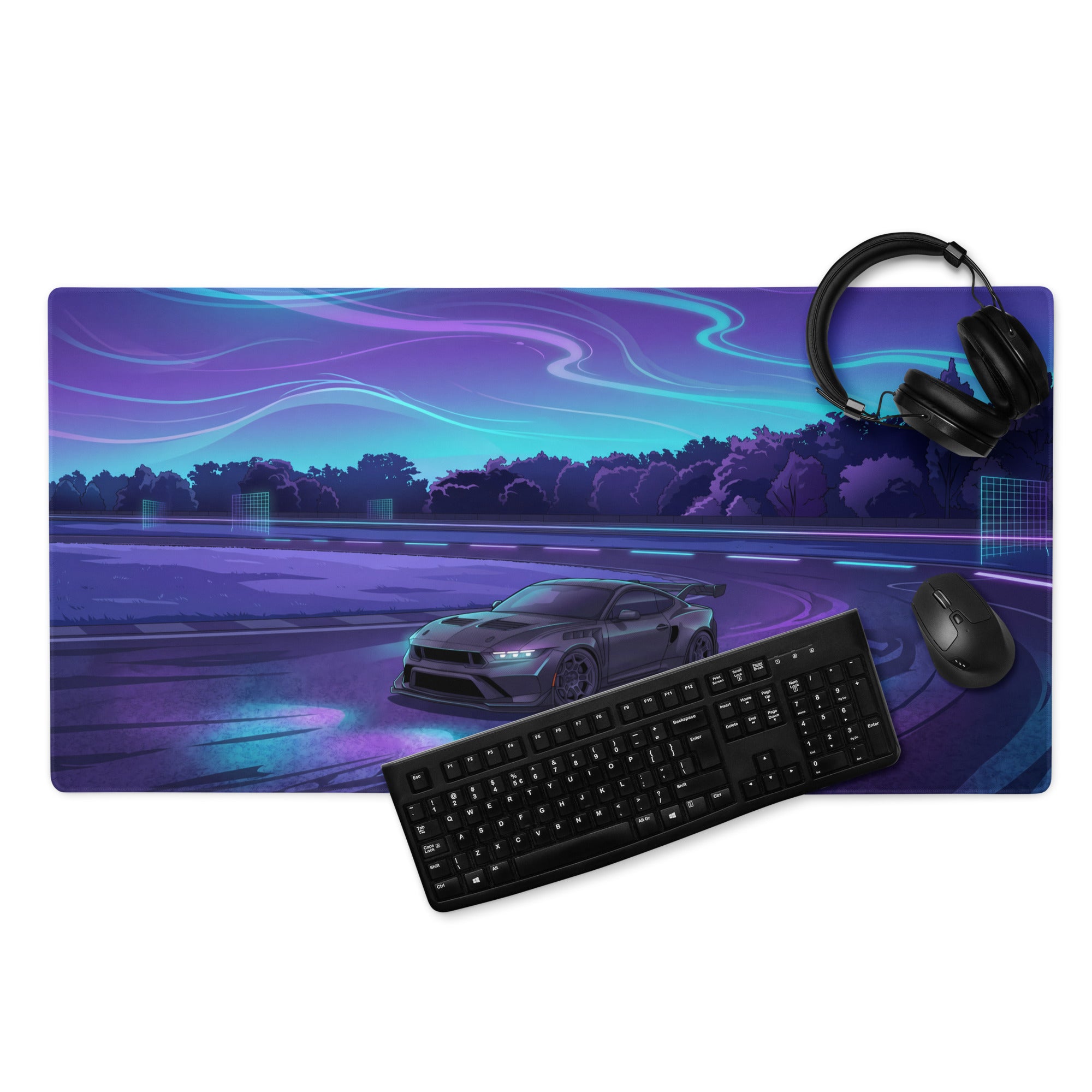 Ford Mustang GTD Inspired Gray Vaporwave Gaming Mouse Pad – Neon Purple Cyan Drift Track Desk Mat with Retro Futuristic Night Racing Art