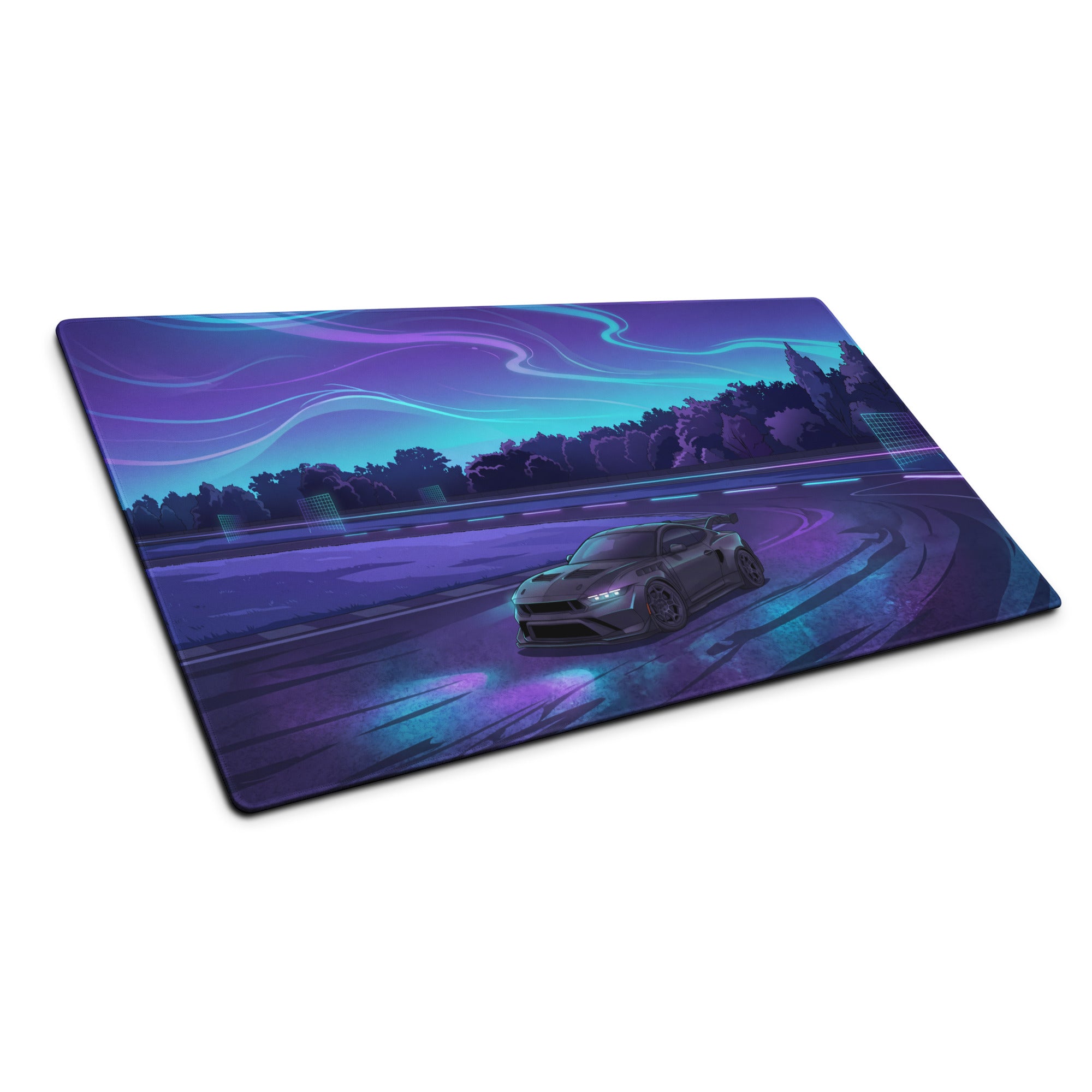 Dodge Viper SRT-10 Inspired Blue Vaporwave Gaming Mouse Pad – Neon Pink Cyber Grid Desk Mat with Retro Futuristic City and Synthwave Sunset Art