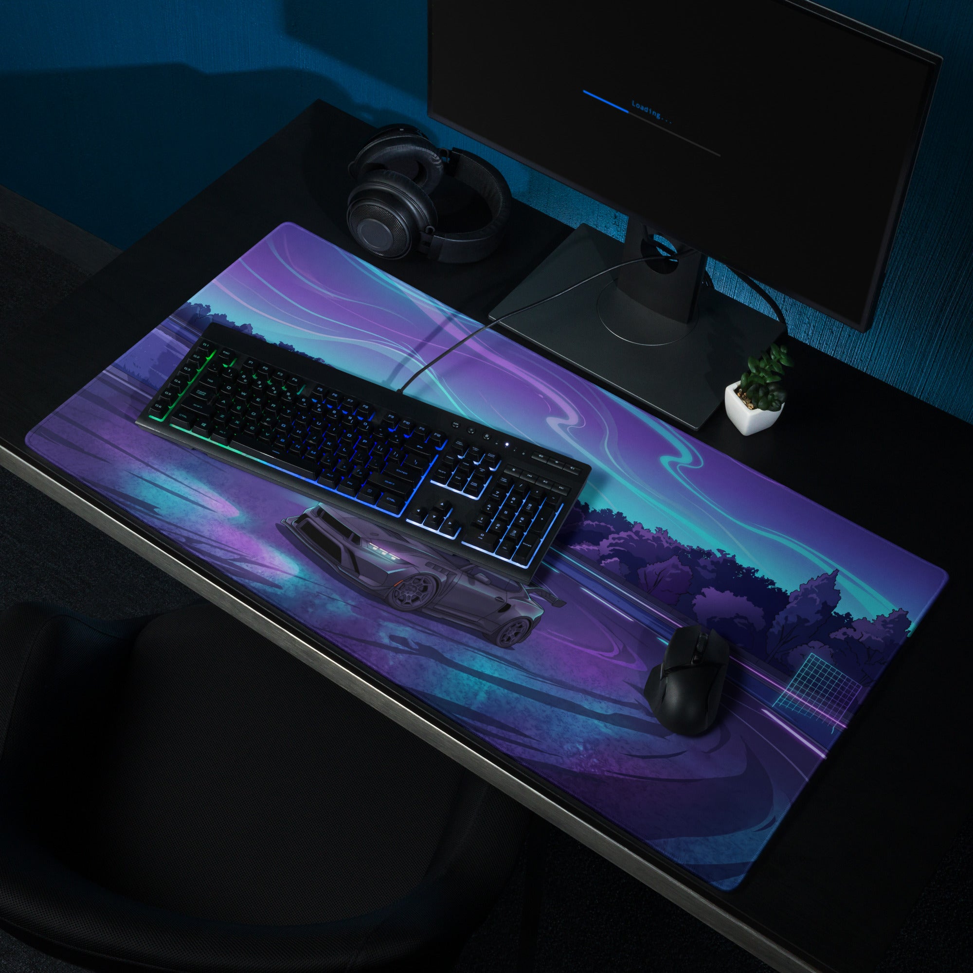 Ford Mustang GTD Inspired Gray Vaporwave Gaming Mouse Pad – Neon Purple Cyan Drift Track Desk Mat with Retro Futuristic Night Racing Art