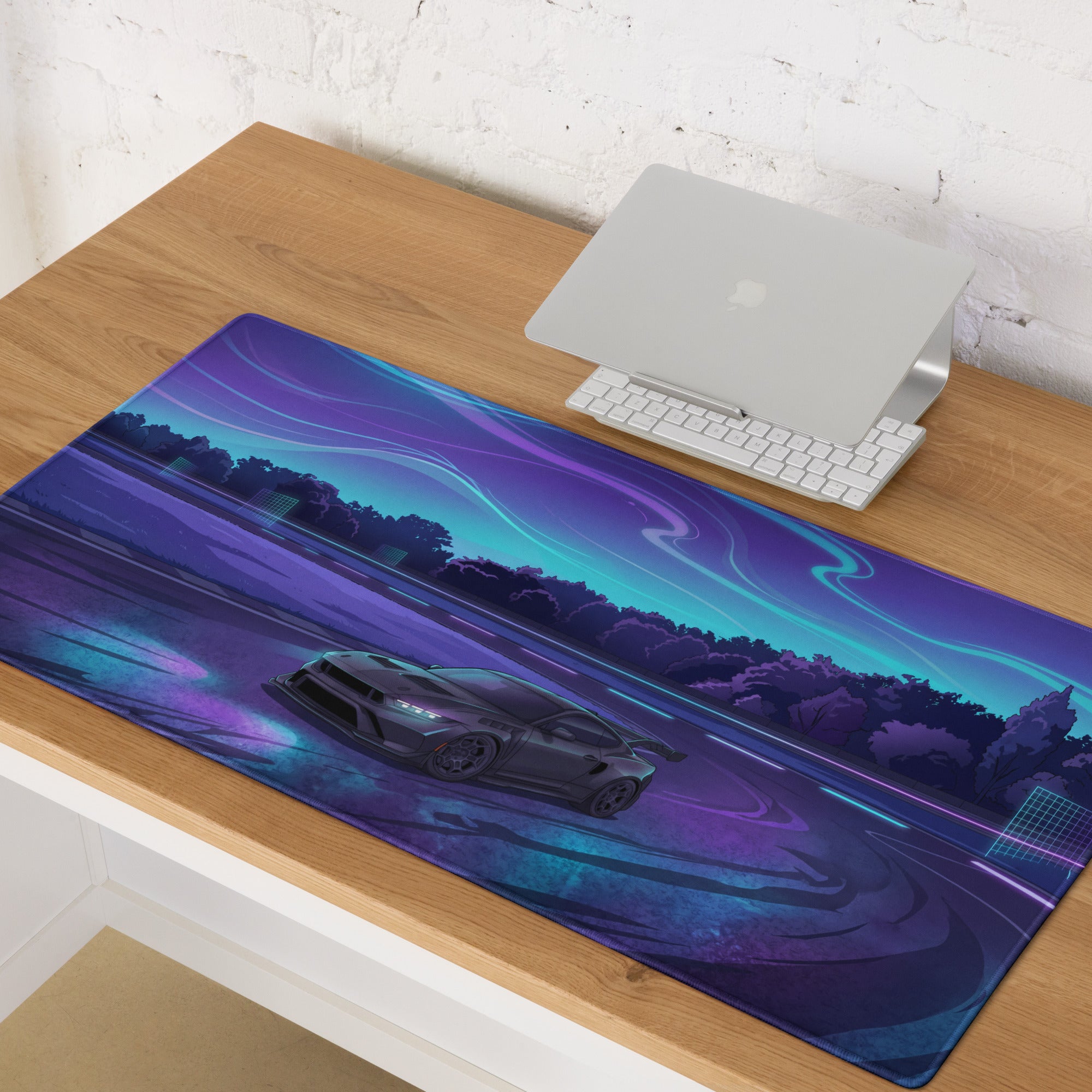 Ford Mustang GTD Inspired Gray Vaporwave Gaming Mouse Pad – Neon Purple Cyan Drift Track Desk Mat with Retro Futuristic Night Racing Art