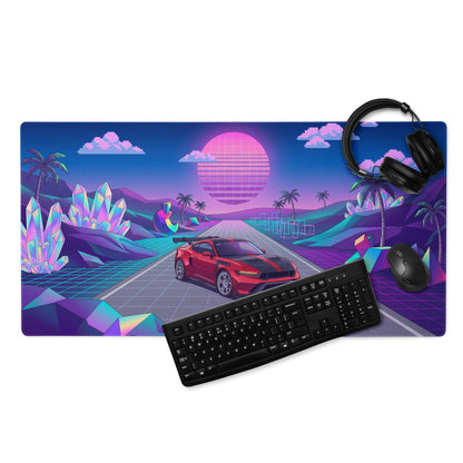 Ford Mustang GTD Inspired Red Vaporwave Gaming Mouse Pad – Neon Pink Blue Crystal Highway Desk Mat with Retro Futuristic Palm Trees and Synthwave Art