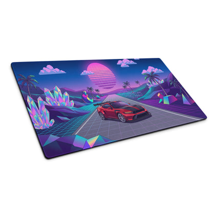 Ford Mustang GTD Inspired Red Vaporwave Gaming Mouse Pad – Neon Pink Blue Crystal Highway Desk Mat with Retro Futuristic Palm Trees and Synthwave Art