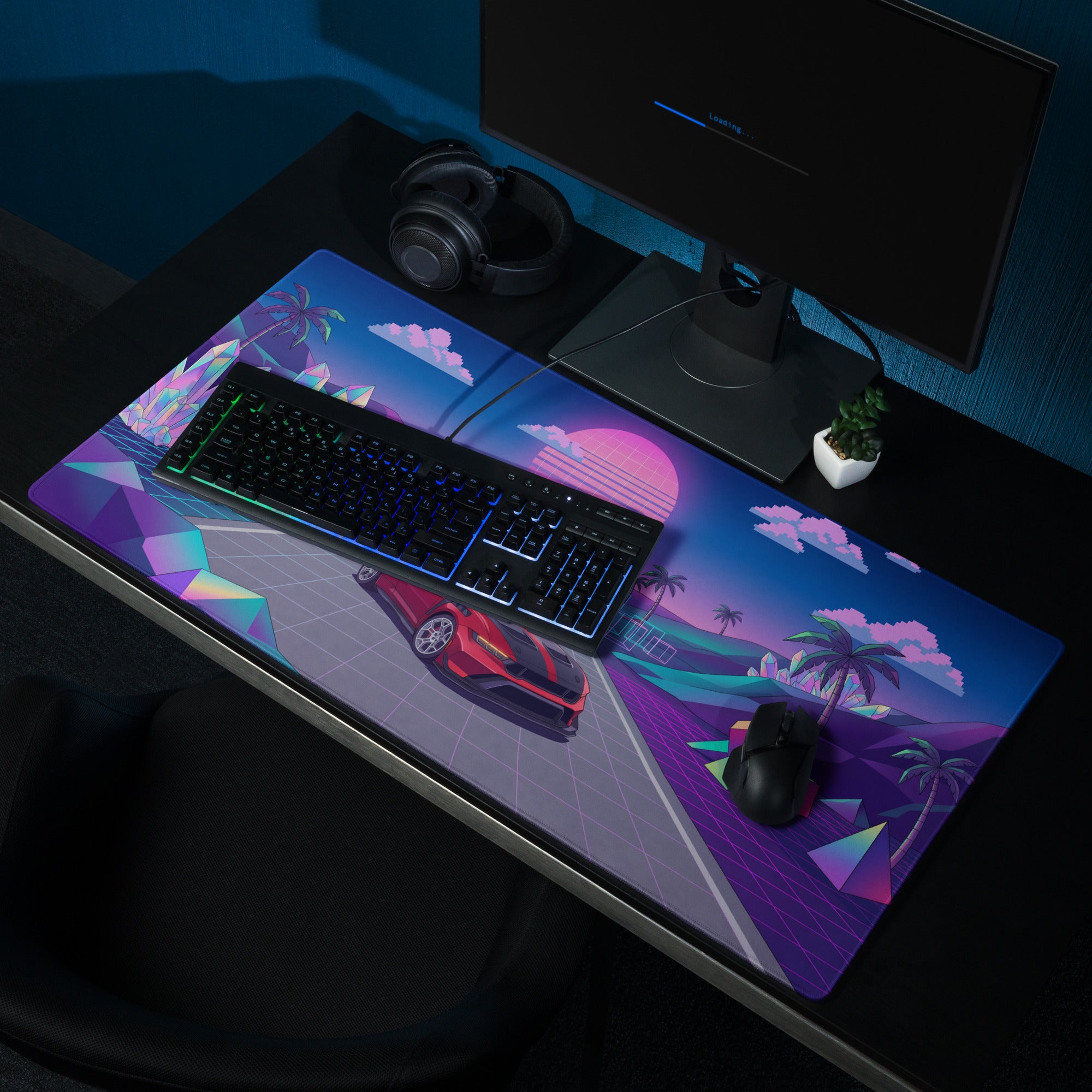 Ford Mustang GTD Inspired Red Vaporwave Gaming Mouse Pad – Neon Pink Blue Crystal Highway Desk Mat with Retro Futuristic Palm Trees and Synthwave Art