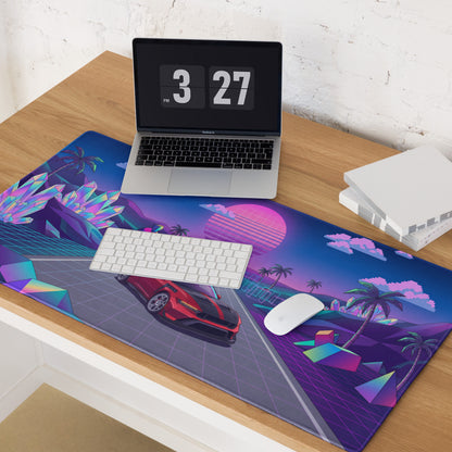 Ford Mustang GTD Inspired Red Vaporwave Gaming Mouse Pad – Neon Pink Blue Crystal Highway Desk Mat with Retro Futuristic Palm Trees and Synthwave Art