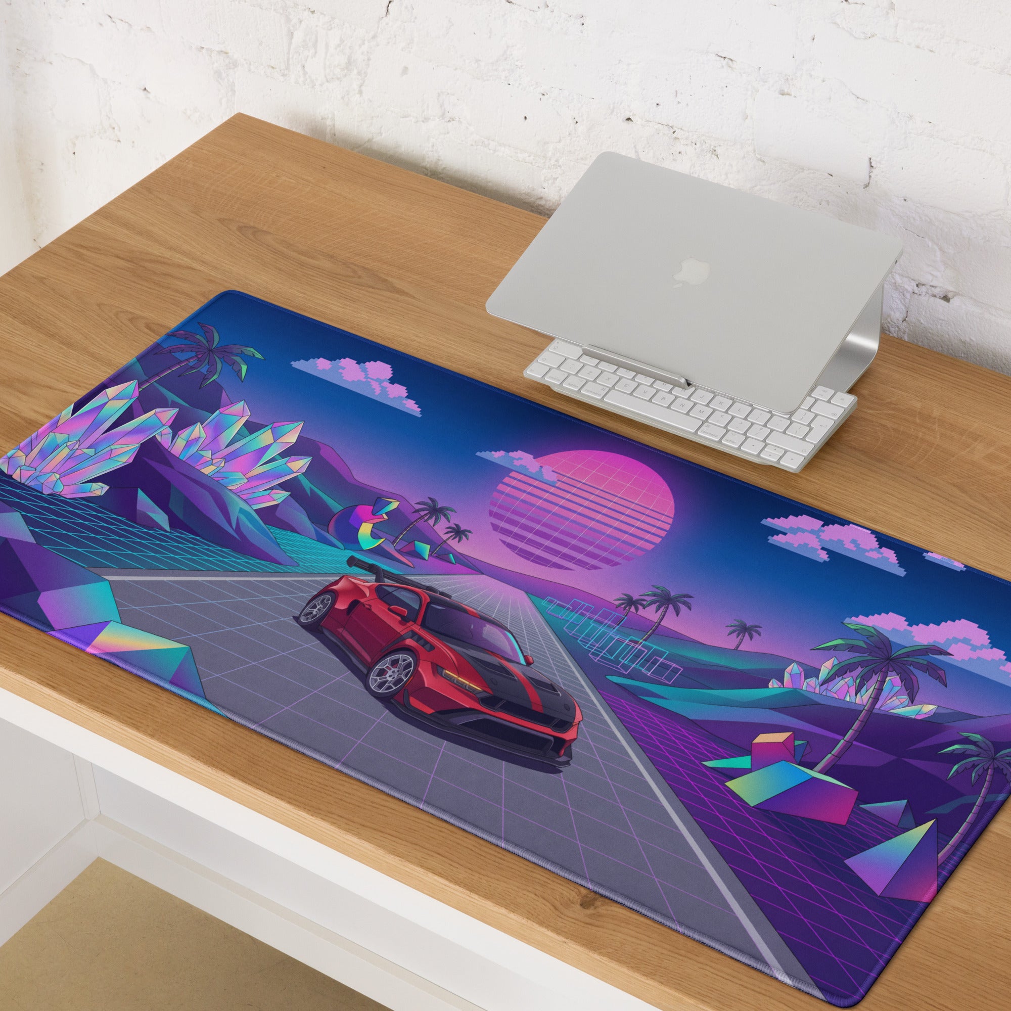 Ford Mustang GTD Inspired Red Vaporwave Gaming Mouse Pad – Neon Pink Blue Crystal Highway Desk Mat with Retro Futuristic Palm Trees and Synthwave Art