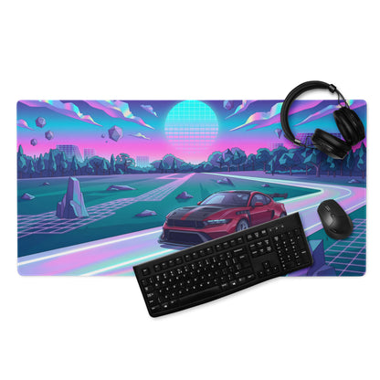 Ford Mustang GTD Inspired Red Vaporwave Gaming Mouse Pad – Neon Pink Cyan Highway Desk Mat with Retro Futuristic Grid Sun and Geometric Landscape Art