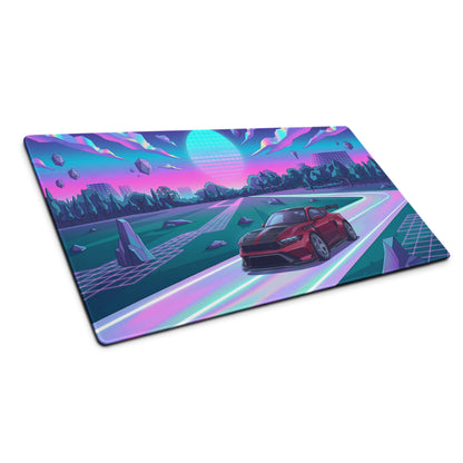 Ford Mustang GTD Inspired Red Vaporwave Gaming Mouse Pad – Neon Pink Cyan Highway Desk Mat with Retro Futuristic Grid Sun and Geometric Landscape Art