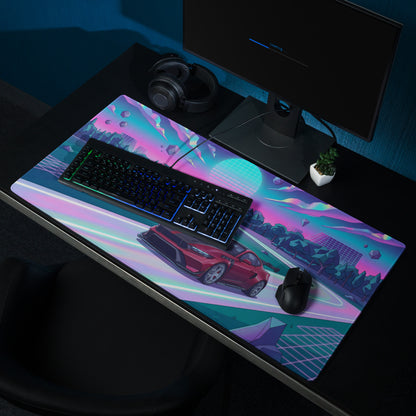 Ford Mustang GTD Inspired Red Vaporwave Gaming Mouse Pad – Neon Pink Cyan Highway Desk Mat with Retro Futuristic Grid Sun and Geometric Landscape Art