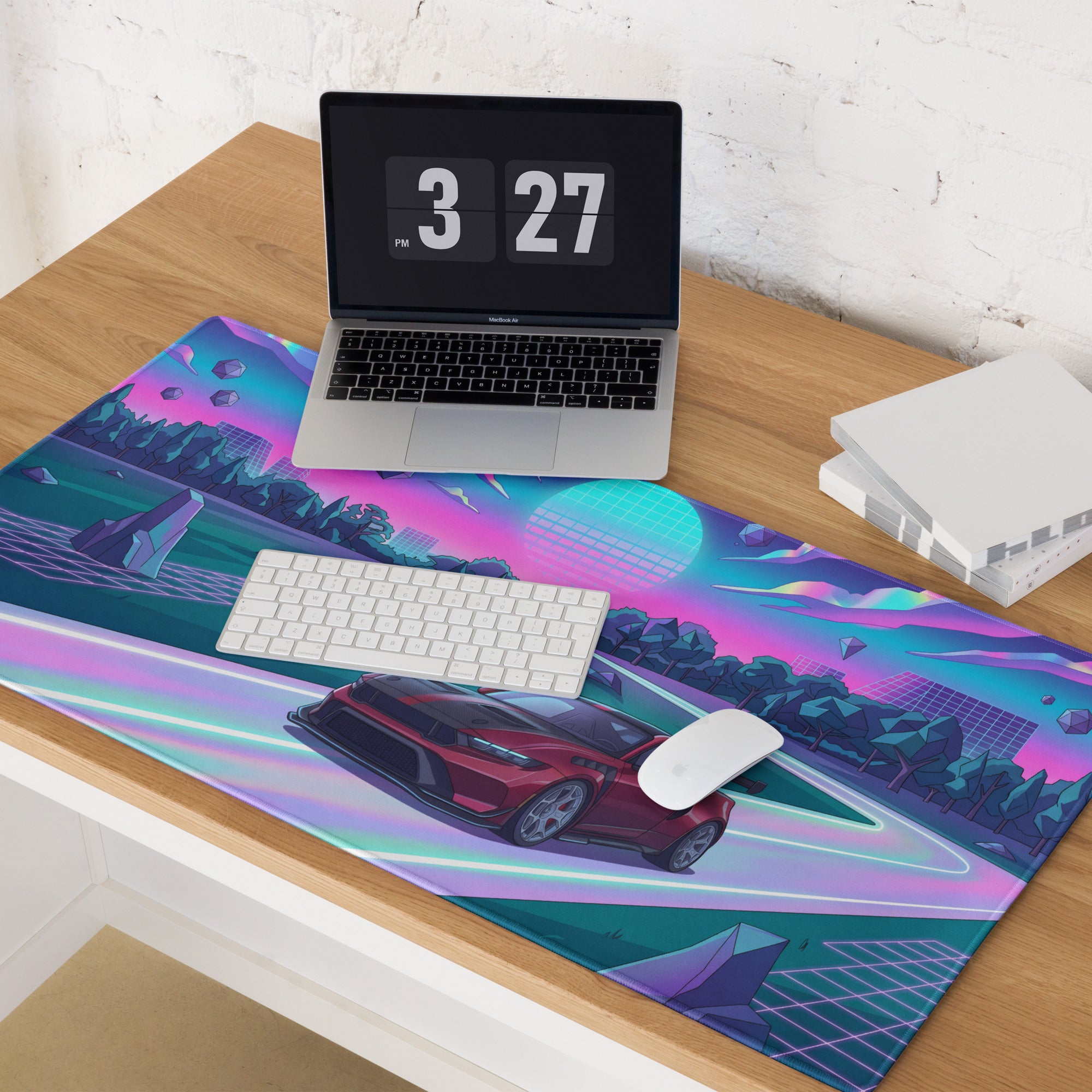 Ford Mustang GTD Inspired Red Vaporwave Gaming Mouse Pad – Neon Pink Cyan Highway Desk Mat with Retro Futuristic Grid Sun and Geometric Landscape Art