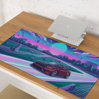 Ford Mustang GTD Inspired Red Vaporwave Gaming Mouse Pad – Neon Pink Cyan Highway Desk Mat with Retro Futuristic Grid Sun and Geometric Landscape Art