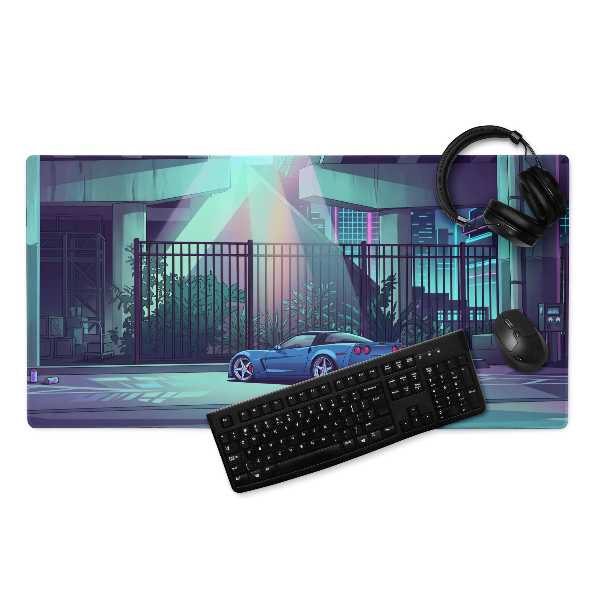 Chevrolet Corvette C6 Z06 Inspired Blue Vaporwave Gaming Mouse Pad – Neon Cyan Urban Overpass Desk Mat with Retro Futuristic City Art