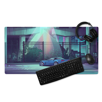 Chevrolet Corvette C6 Z06 Inspired Blue Vaporwave Gaming Mouse Pad – Neon Cyan Urban Overpass Desk Mat with Retro Futuristic City Art