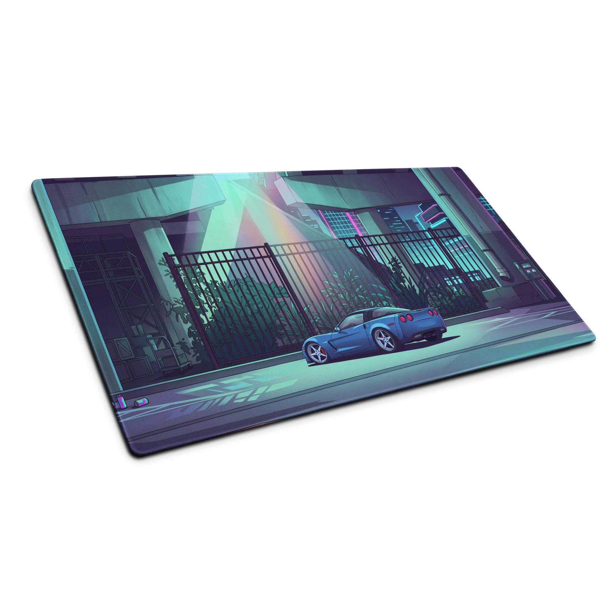 Chevrolet Corvette C6 Z06 Inspired Blue Vaporwave Gaming Mouse Pad – Neon Cyan Urban Overpass Desk Mat with Retro Futuristic City Art