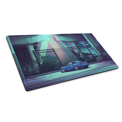 Chevrolet Corvette C6 Z06 Inspired Blue Vaporwave Gaming Mouse Pad – Neon Cyan Urban Overpass Desk Mat with Retro Futuristic City Art
