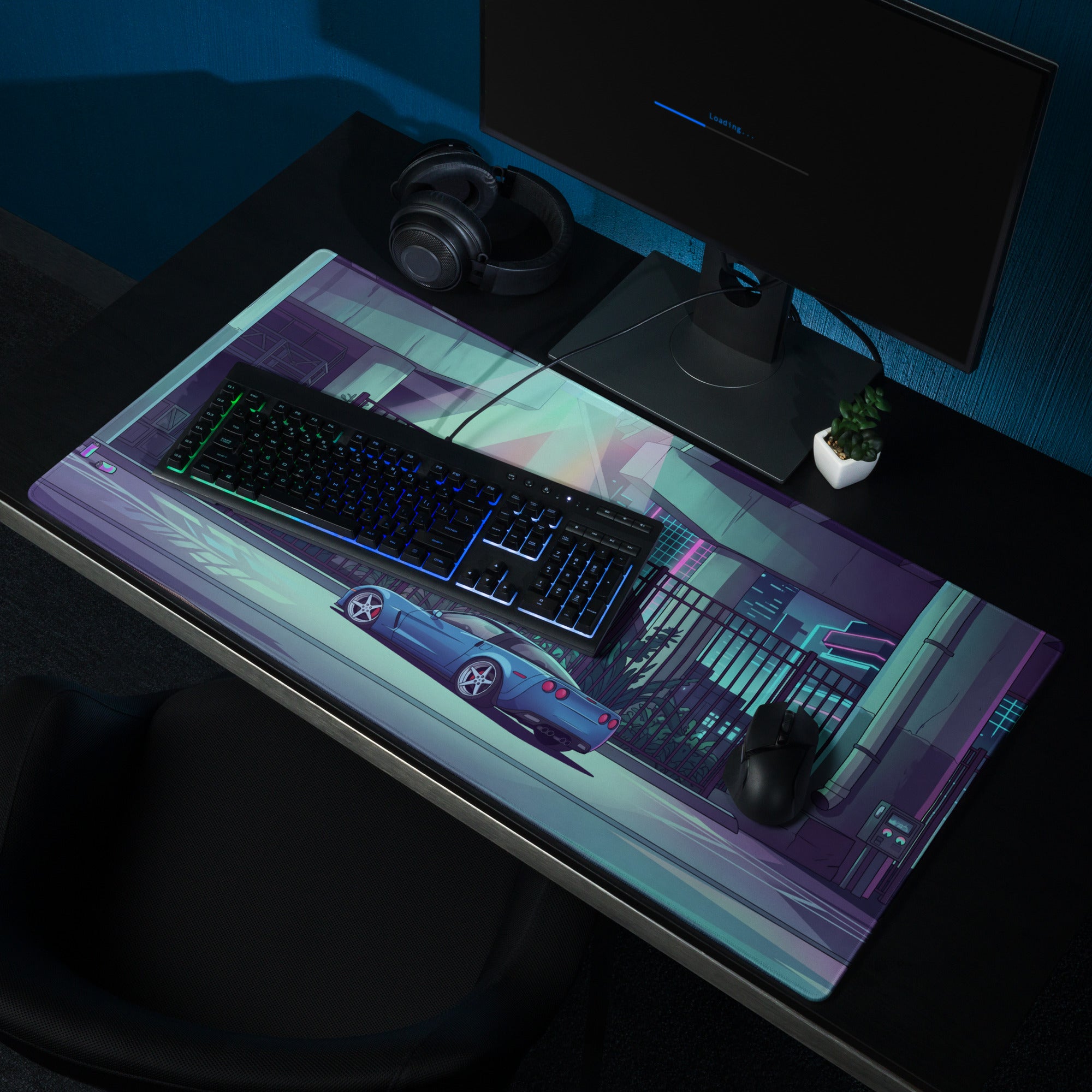 Chevrolet Corvette C6 Z06 Inspired Blue Vaporwave Gaming Mouse Pad – Neon Cyan Urban Overpass Desk Mat with Retro Futuristic City Art