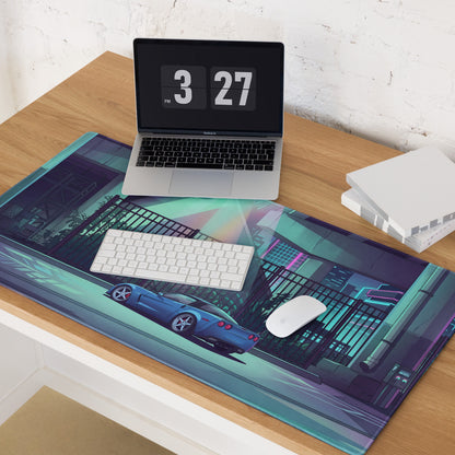 Chevrolet Corvette C6 Z06 Inspired Blue Vaporwave Gaming Mouse Pad – Neon Cyan Urban Overpass Desk Mat with Retro Futuristic City Art