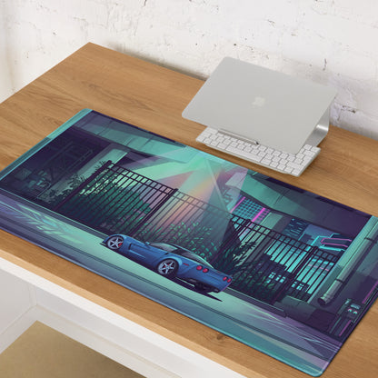 Chevrolet Corvette C6 Z06 Inspired Blue Vaporwave Gaming Mouse Pad – Neon Cyan Urban Overpass Desk Mat with Retro Futuristic City Art