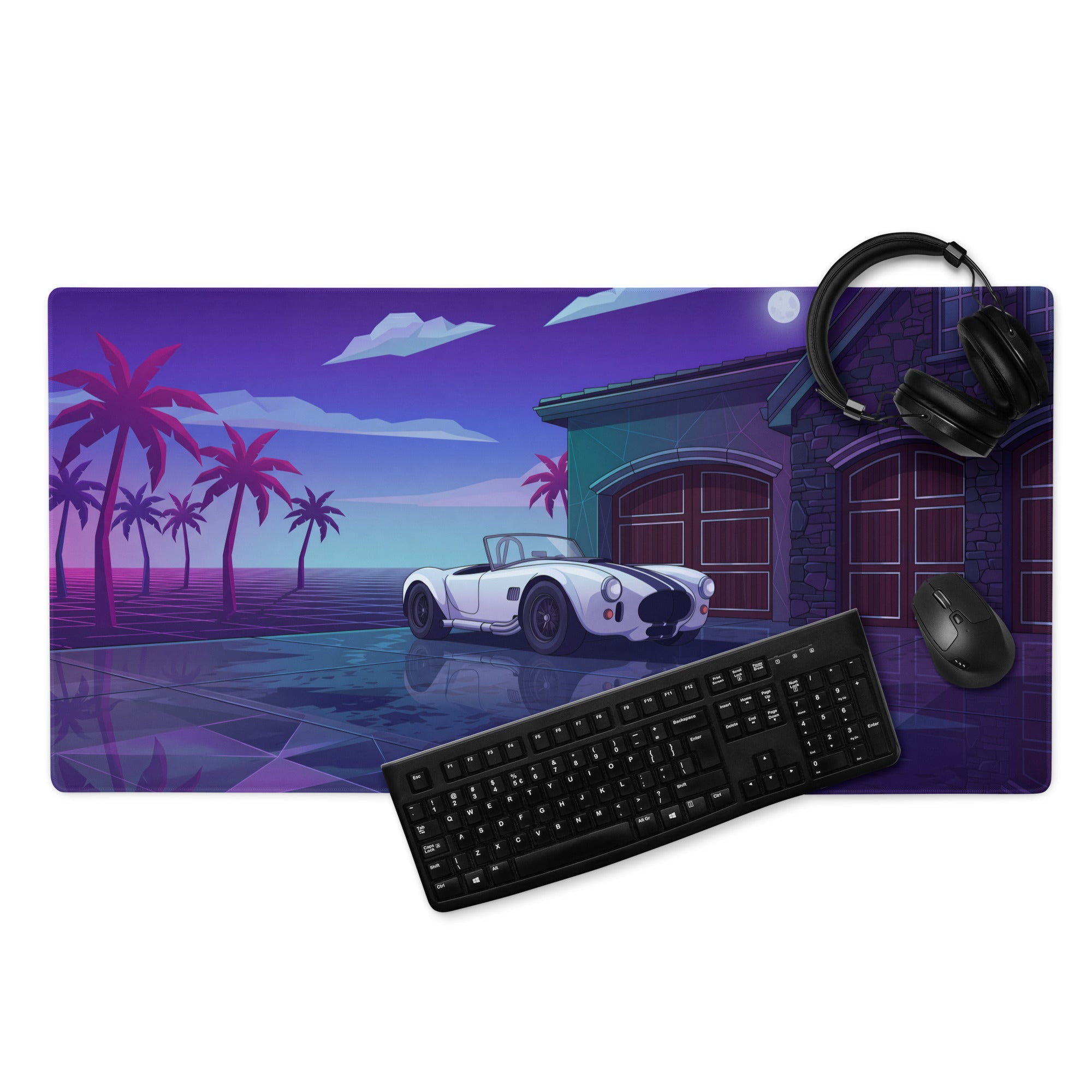 Shelby Cobra 427 Inspired White Vaporwave Gaming Mouse Pad – Purple Neon Coastal Garage Desk Mat with Palm Trees, Moonlight and Retro Futuristic Art