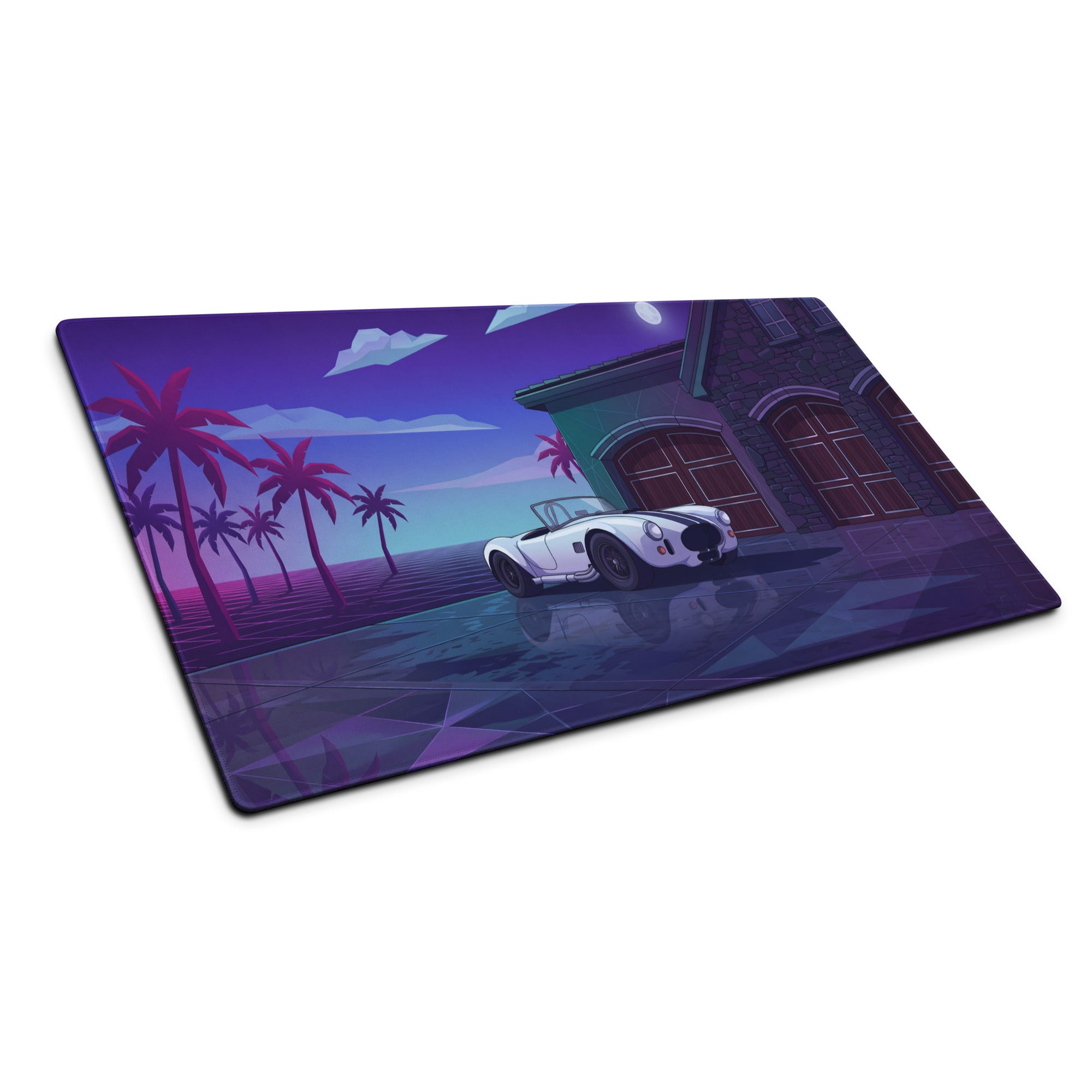 Shelby Cobra 427 Inspired White Vaporwave Gaming Mouse Pad – Purple Neon Coastal Garage Desk Mat with Palm Trees, Moonlight and Retro Futuristic Art