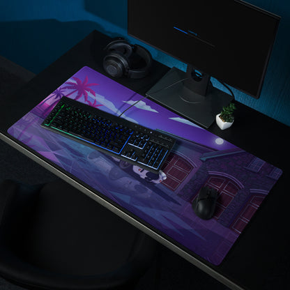 Shelby Cobra 427 Inspired White Vaporwave Gaming Mouse Pad – Purple Neon Coastal Garage Desk Mat with Palm Trees, Moonlight and Retro Futuristic Art