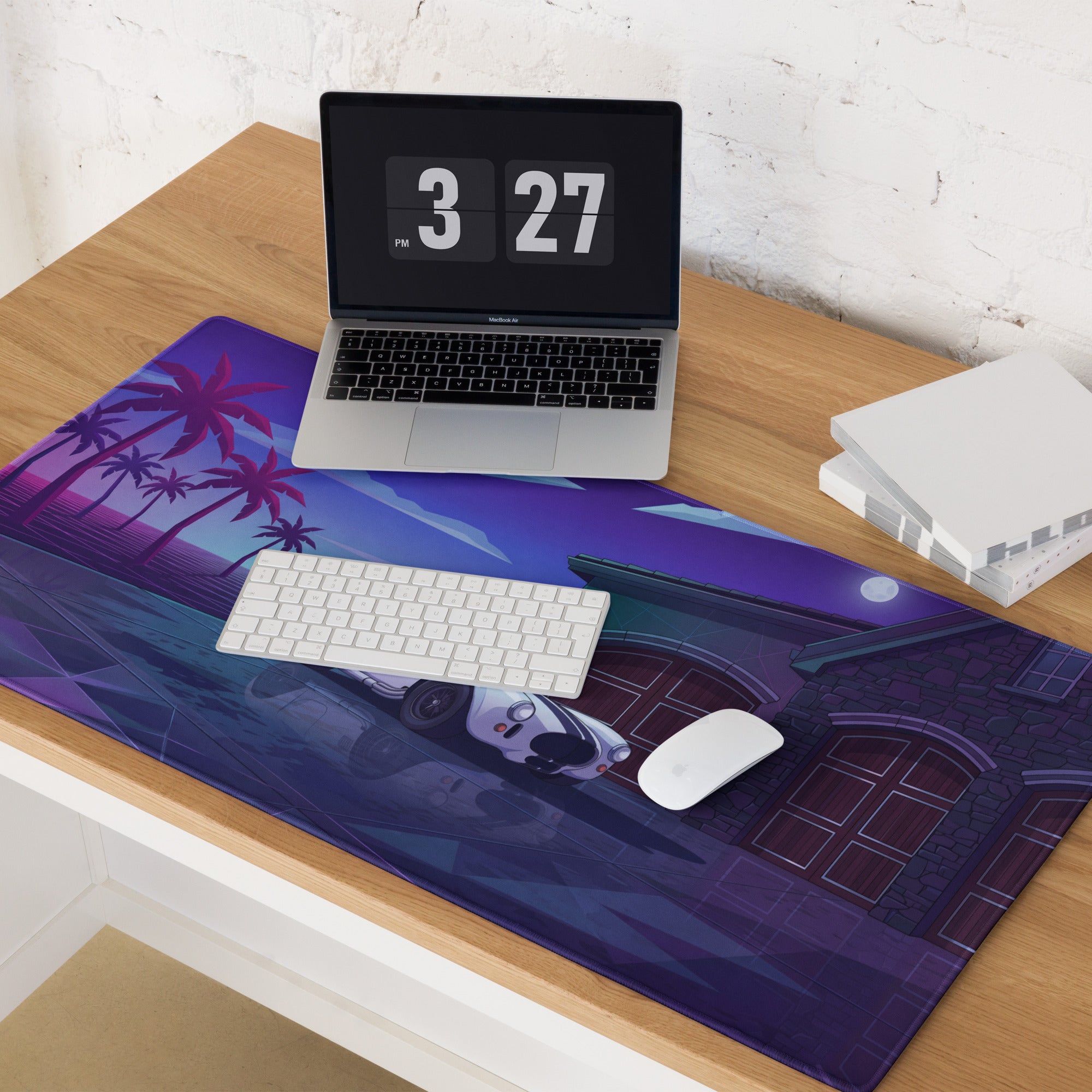 Shelby Cobra 427 Inspired White Vaporwave Gaming Mouse Pad – Purple Neon Coastal Garage Desk Mat with Palm Trees, Moonlight and Retro Futuristic Art