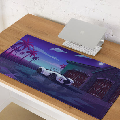 Shelby Cobra 427 Inspired White Vaporwave Gaming Mouse Pad – Purple Neon Coastal Garage Desk Mat with Palm Trees, Moonlight and Retro Futuristic Art