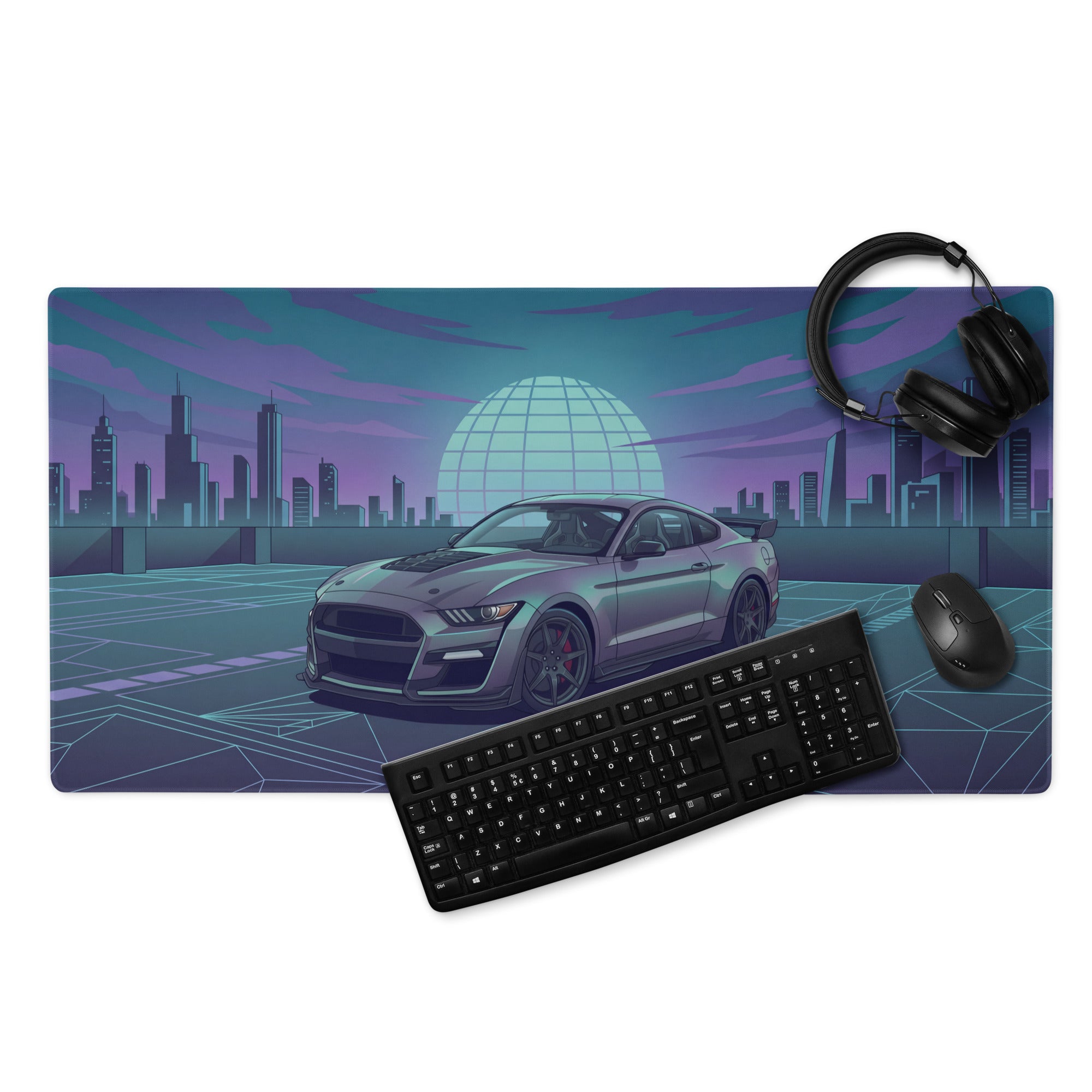 Ford Mustang Shelby GT500 Inspired Gray Vaporwave Gaming Mouse Pad – Teal Purple Futuristic Skyline Desk Mat with Retro Grid Sun and Synthwave Art