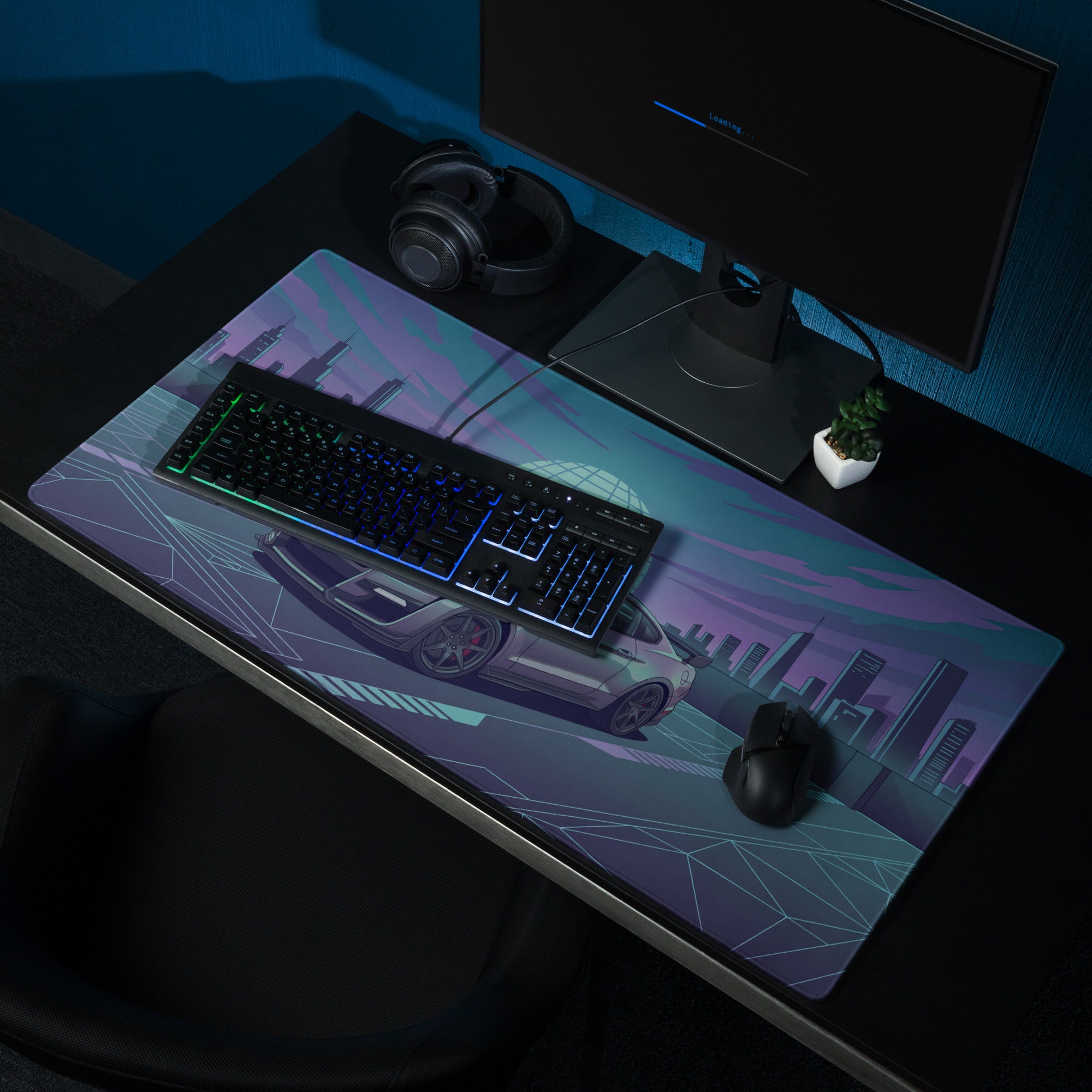 Ford Mustang Shelby GT500 Inspired Gray Vaporwave Gaming Mouse Pad – Teal Purple Futuristic Skyline Desk Mat with Retro Grid Sun and Synthwave Art