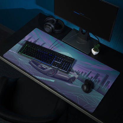 Ford Mustang Shelby GT500 Inspired Gray Vaporwave Gaming Mouse Pad – Teal Purple Futuristic Skyline Desk Mat with Retro Grid Sun and Synthwave Art