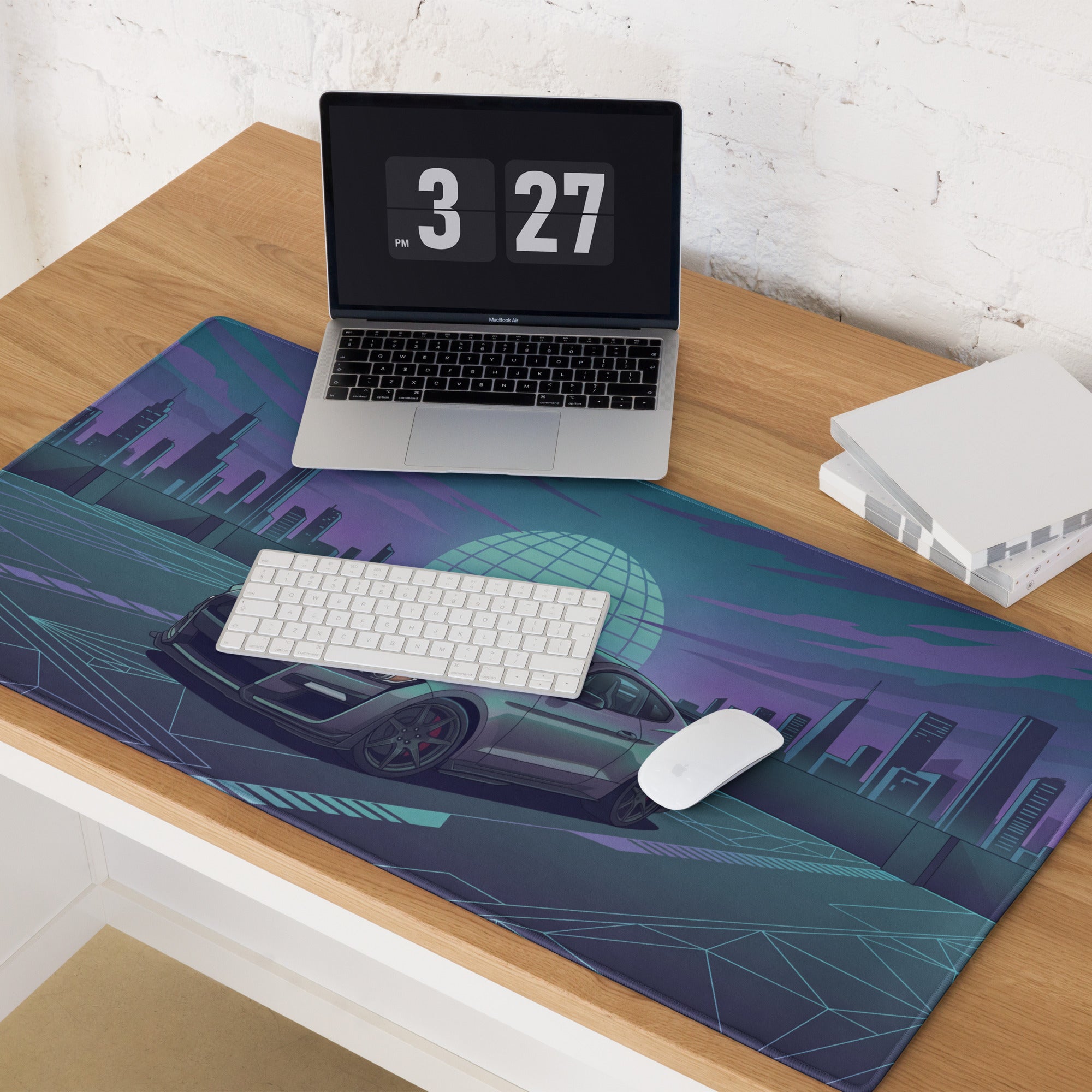 Ford Mustang Shelby GT500 Inspired Gray Vaporwave Gaming Mouse Pad – Teal Purple Futuristic Skyline Desk Mat with Retro Grid Sun and Synthwave Art